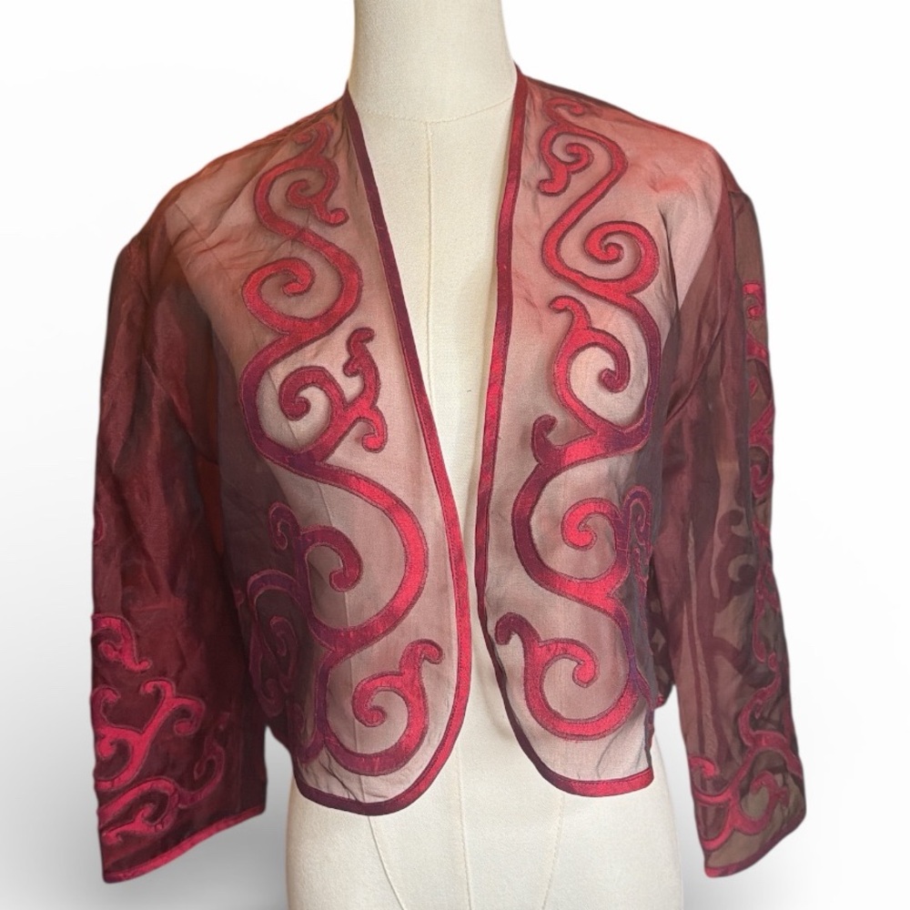 Sheer Burgundy Organza Embroidered Bolero Shrug Jacket Romantic Evening